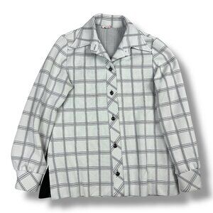 Vtg 70s Jane Colby Disco Blouse Black White Windowpane Plaid Shirt Sz 11/12